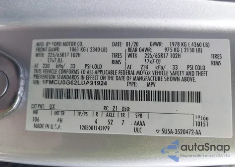 2020 Ford Escape Se from USA, damaged, VIN 1FMCU0G62LUA91924